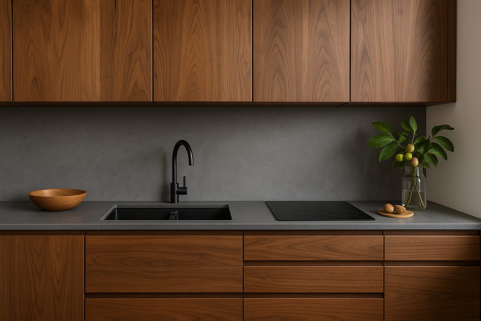 Walnoot keuken grijs blad achterwand